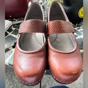 Sanita Brown Leather Mary Jane Clogs with Textured Strap